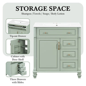 English Elm 30 Inch Freestanding Bathroom Vanity Rubberwood Cabinet with Ceramic Sink and Four Storage Zones Green N725P499703G