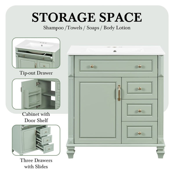 English Elm 30 Inch Freestanding Bathroom Vanity Rubberwood Cabinet with Ceramic Sink and Four Storage Zones Green N725P499703G