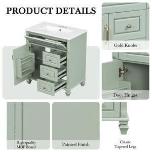 English Elm 30 Inch Freestanding Bathroom Vanity Rubberwood Cabinet with Ceramic Sink and Four Storage Zones Green N725P499703G