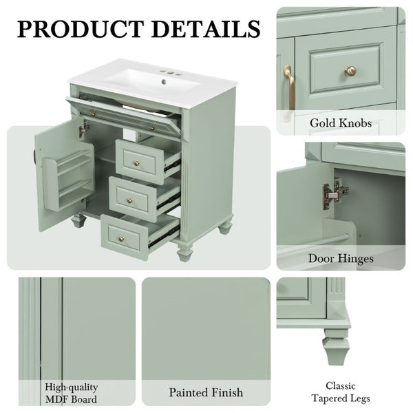 English Elm 30 Inch Freestanding Bathroom Vanity Rubberwood Cabinet with Ceramic Sink and Four Storage Zones Green N725P499703G