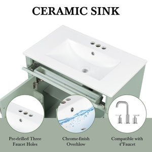 English Elm 30 Inch Freestanding Bathroom Vanity Rubberwood Cabinet with Ceramic Sink and Four Storage Zones Green N725P499703G