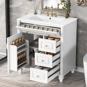 English Elm 30 Inch Freestanding Bathroom Vanity Rubberwood Cabinet with Ceramic Sink and Four Storage Zones White N725P499703K