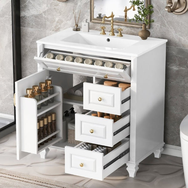 English Elm 30 Inch Freestanding Bathroom Vanity Rubberwood Cabinet with Ceramic Sink and Four Storage Zones White N725P499703K
