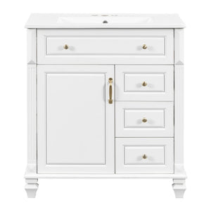 English Elm 30 Inch Freestanding Bathroom Vanity Rubberwood Cabinet with Ceramic Sink and Four Storage Zones White N725P499703K