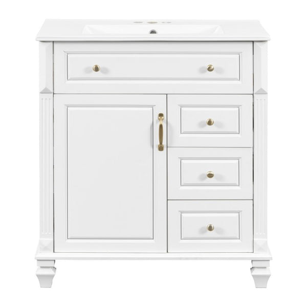 English Elm 30 Inch Freestanding Bathroom Vanity Rubberwood Cabinet with Ceramic Sink and Four Storage Zones White N725P499703K