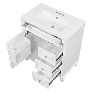 English Elm 30 Inch Freestanding Bathroom Vanity Rubberwood Cabinet with Ceramic Sink and Four Storage Zones White N725P499703K