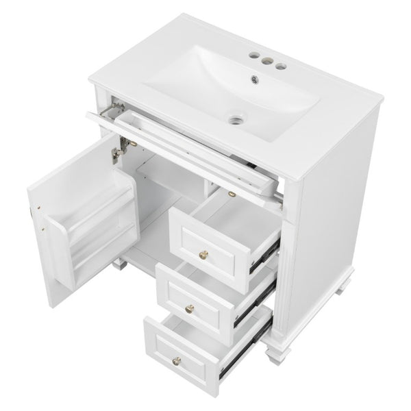 English Elm 30 Inch Freestanding Bathroom Vanity Rubberwood Cabinet with Ceramic Sink and Four Storage Zones White N725P499703K