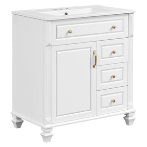 English Elm 30 Inch Freestanding Bathroom Vanity Rubberwood Cabinet with Ceramic Sink and Four Storage Zones White N725P499703K