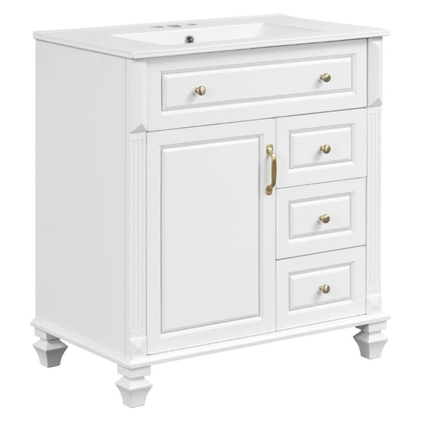 English Elm 30 Inch Freestanding Bathroom Vanity Rubberwood Cabinet with Ceramic Sink and Four Storage Zones White N725P499703K