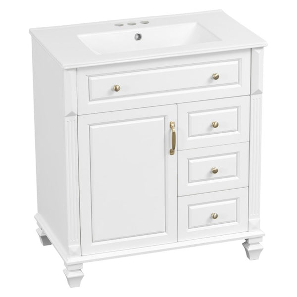 English Elm 30 Inch Freestanding Bathroom Vanity Rubberwood Cabinet with Ceramic Sink and Four Storage Zones White N725P499703K