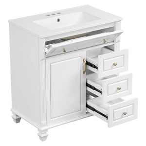 English Elm 30 Inch Freestanding Bathroom Vanity Rubberwood Cabinet with Ceramic Sink and Four Storage Zones White N725P499703K