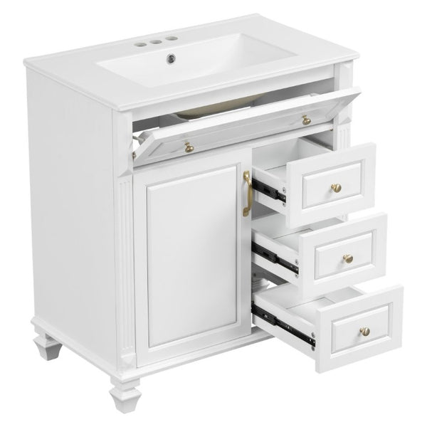 English Elm 30 Inch Freestanding Bathroom Vanity Rubberwood Cabinet with Ceramic Sink and Four Storage Zones White N725P499703K