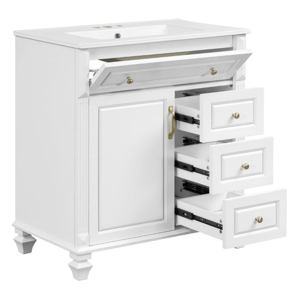 English Elm 30 Inch Freestanding Bathroom Vanity Rubberwood Cabinet with Ceramic Sink and Four Storage Zones White N725P499703K