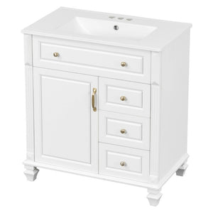 English Elm 30 Inch Freestanding Bathroom Vanity Rubberwood Cabinet with Ceramic Sink and Four Storage Zones White N725P499703K