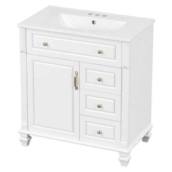 English Elm 30 Inch Freestanding Bathroom Vanity Rubberwood Cabinet with Ceramic Sink and Four Storage Zones White N725P499703K