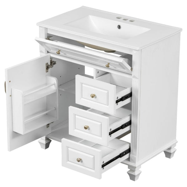 English Elm 30 Inch Freestanding Bathroom Vanity Rubberwood Cabinet with Ceramic Sink and Four Storage Zones White N725P499703K