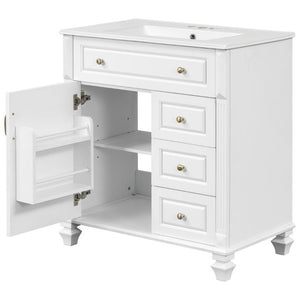 English Elm 30 Inch Freestanding Bathroom Vanity Rubberwood Cabinet with Ceramic Sink and Four Storage Zones White N725P499703K