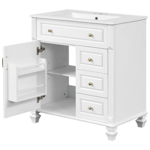 English Elm 30 Inch Freestanding Bathroom Vanity Rubberwood Cabinet with Ceramic Sink and Four Storage Zones White N725P499703K