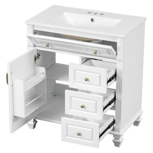 English Elm 30 Inch Freestanding Bathroom Vanity Rubberwood Cabinet with Ceramic Sink and Four Storage Zones White N725P499703K