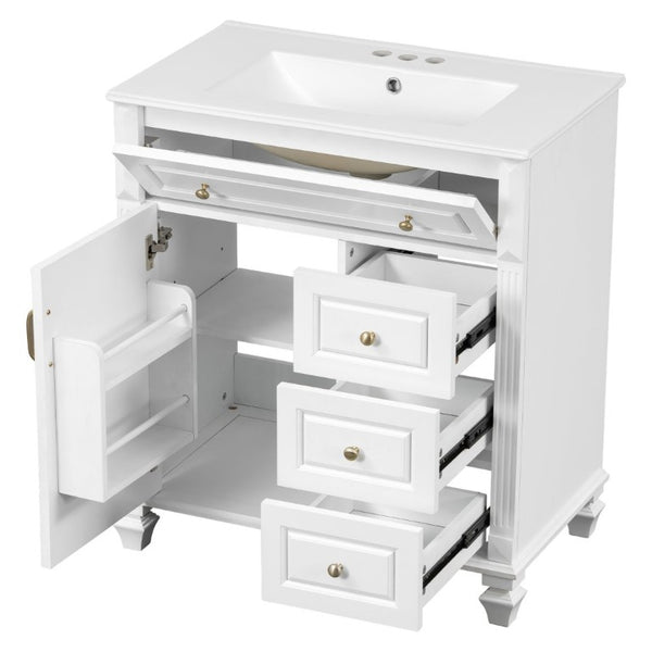 English Elm 30 Inch Freestanding Bathroom Vanity Rubberwood Cabinet with Ceramic Sink and Four Storage Zones White N725P499703K