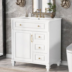 English Elm 30 Inch Freestanding Bathroom Vanity Rubberwood Cabinet with Ceramic Sink and Four Storage Zones White N725P499703K