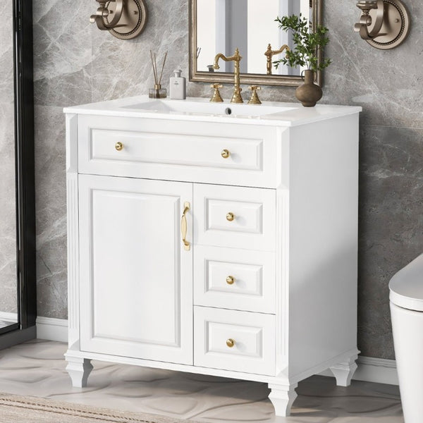 English Elm 30 Inch Freestanding Bathroom Vanity Rubberwood Cabinet with Ceramic Sink and Four Storage Zones White N725P499703K