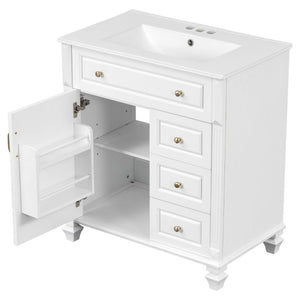 English Elm 30 Inch Freestanding Bathroom Vanity Rubberwood Cabinet with Ceramic Sink and Four Storage Zones White N725P499703K