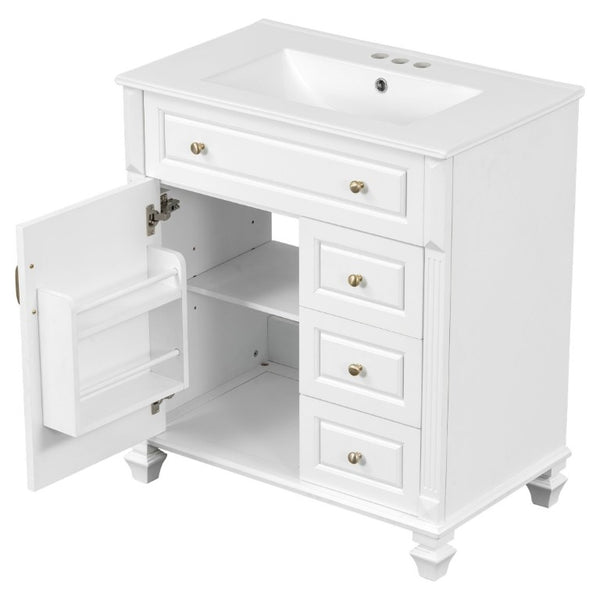 English Elm 30 Inch Freestanding Bathroom Vanity Rubberwood Cabinet with Ceramic Sink and Four Storage Zones White N725P499703K