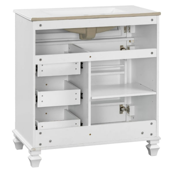 English Elm 30 Inch Freestanding Bathroom Vanity Rubberwood Cabinet with Ceramic Sink and Four Storage Zones White N725P499703K