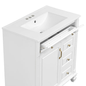English Elm 30 Inch Freestanding Bathroom Vanity Rubberwood Cabinet with Ceramic Sink and Four Storage Zones White N725P499703K
