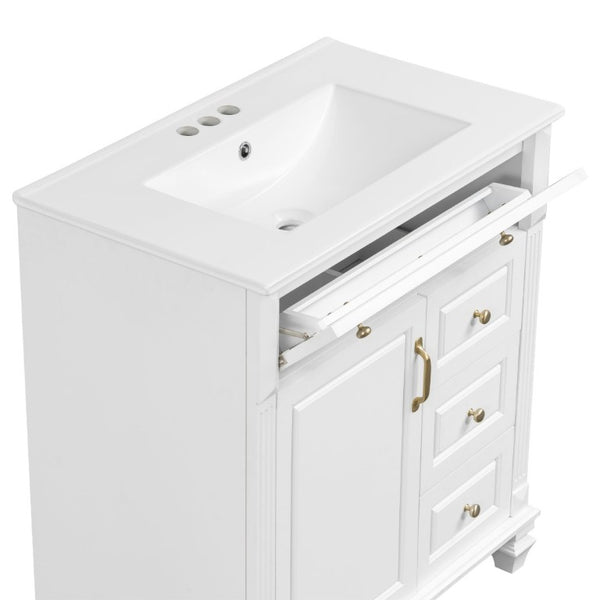 English Elm 30 Inch Freestanding Bathroom Vanity Rubberwood Cabinet with Ceramic Sink and Four Storage Zones White N725P499703K