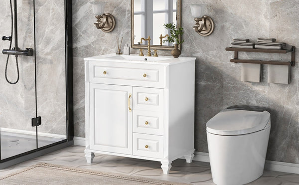 English Elm 30 Inch Freestanding Bathroom Vanity Rubberwood Cabinet with Ceramic Sink and Four Storage Zones White N725P499703K