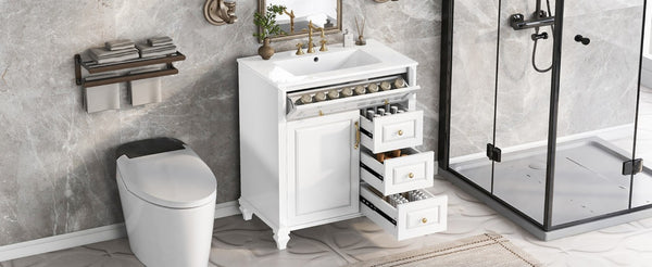 English Elm 30 Inch Freestanding Bathroom Vanity Rubberwood Cabinet with Ceramic Sink and Four Storage Zones White N725P499703K