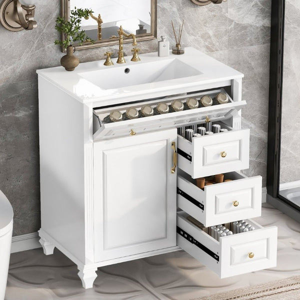 English Elm 30 Inch Freestanding Bathroom Vanity Rubberwood Cabinet with Ceramic Sink and Four Storage Zones White N725P499703K