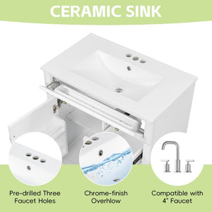 English Elm 30 Inch Freestanding Bathroom Vanity Rubberwood Cabinet with Ceramic Sink and Four Storage Zones White N725P499703K