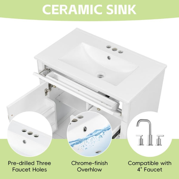 English Elm 30 Inch Freestanding Bathroom Vanity Rubberwood Cabinet with Ceramic Sink and Four Storage Zones White N725P499703K