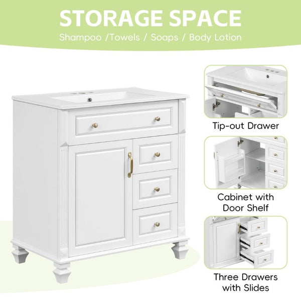 English Elm 30 Inch Freestanding Bathroom Vanity Rubberwood Cabinet with Ceramic Sink and Four Storage Zones White N725P499703K