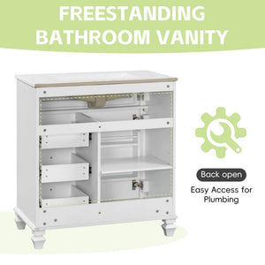 English Elm 30 Inch Freestanding Bathroom Vanity Rubberwood Cabinet with Ceramic Sink and Four Storage Zones White N725P499703K