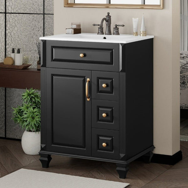 English Elm 24 Inch Freestanding Bathroom Vanity Rubberwood Cabinet with Ceramic Sink and Flip Drawer Black N725P499706B