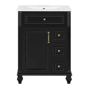 English Elm 24 Inch Freestanding Bathroom Vanity Rubberwood Cabinet with Ceramic Sink and Flip Drawer Black N725P499706B