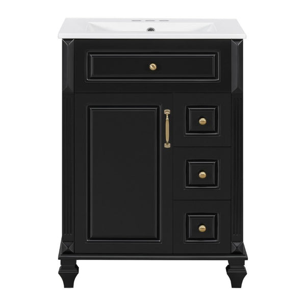 English Elm 24 Inch Freestanding Bathroom Vanity Rubberwood Cabinet with Ceramic Sink and Flip Drawer Black N725P499706B
