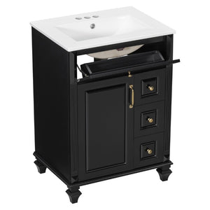 English Elm 24 Inch Freestanding Bathroom Vanity Rubberwood Cabinet with Ceramic Sink and Flip Drawer Black N725P499706B