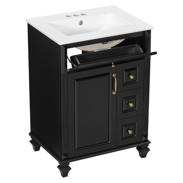 English Elm 24 Inch Freestanding Bathroom Vanity Rubberwood Cabinet with Ceramic Sink and Flip Drawer Black N725P499706B