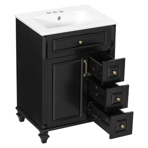 English Elm 24 Inch Freestanding Bathroom Vanity Rubberwood Cabinet with Ceramic Sink and Flip Drawer Black N725P499706B