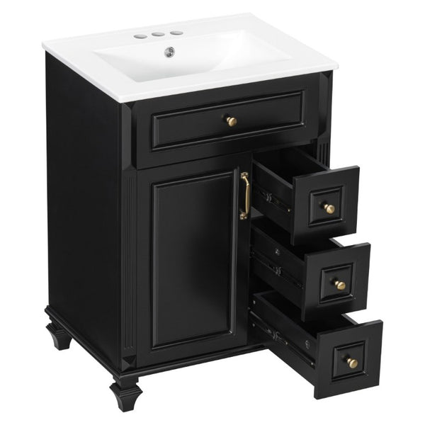 English Elm 24 Inch Freestanding Bathroom Vanity Rubberwood Cabinet with Ceramic Sink and Flip Drawer Black N725P499706B