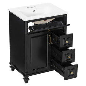 English Elm 24 Inch Freestanding Bathroom Vanity Rubberwood Cabinet with Ceramic Sink and Flip Drawer Black N725P499706B