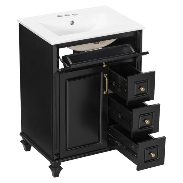 English Elm 24 Inch Freestanding Bathroom Vanity Rubberwood Cabinet with Ceramic Sink and Flip Drawer Black N725P499706B