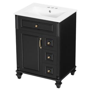 English Elm 24 Inch Freestanding Bathroom Vanity Rubberwood Cabinet with Ceramic Sink and Flip Drawer Black N725P499706B