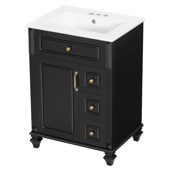 English Elm 24 Inch Freestanding Bathroom Vanity Rubberwood Cabinet with Ceramic Sink and Flip Drawer Black N725P499706B