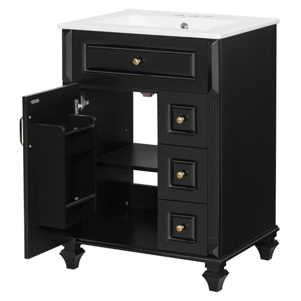 English Elm 24 Inch Freestanding Bathroom Vanity Rubberwood Cabinet with Ceramic Sink and Flip Drawer Black N725P499706B